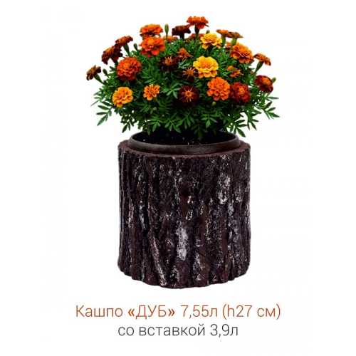Фото Кашпо-пень "ДУБ" низкое со вставкой, объем 7.55 л (высота 27 см)
